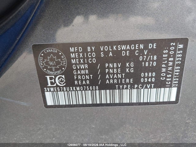 12656077 :رقم المزاد ، 3VWE57BUXKM075608 vin ، 2019 Volkswagen Jetta 1.4 Tsi Highline مزاد بيع