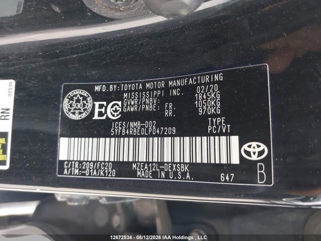 12672534 :رقم المزاد ، 5YFB4RBE0LP047209 vin ، 2020 Toyota Corolla Xse مزاد بيع