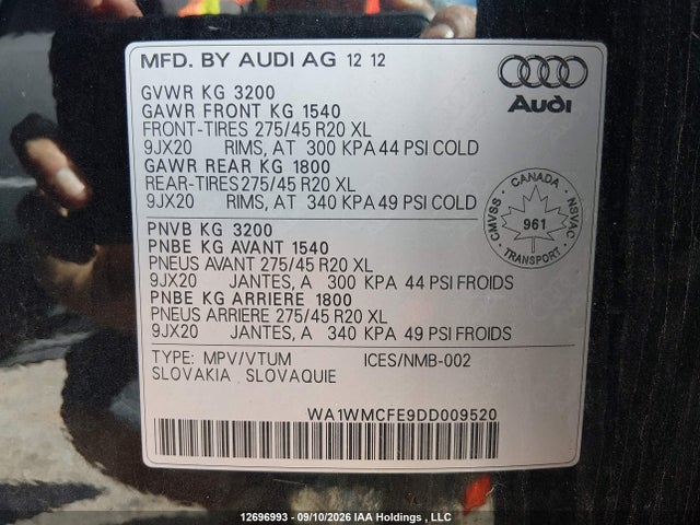 12696993 :رقم المزاد ، WA1WMCFE9DD009520 vin ، 2013 Audi Q7 Prestige مزاد بيع
