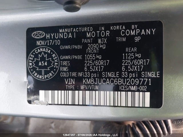 Aukcja sprzedaży 2011 Hyundai Tucson Gls/limited, vin: KM8JUCAC6BU209771, numer aukcji: 12647257