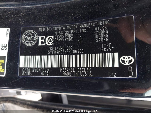 Продажа на аукционе авто 2025 Toyota Corolla Le, vin: 5YFB4MDEXSP306383, номер лота: 12697038