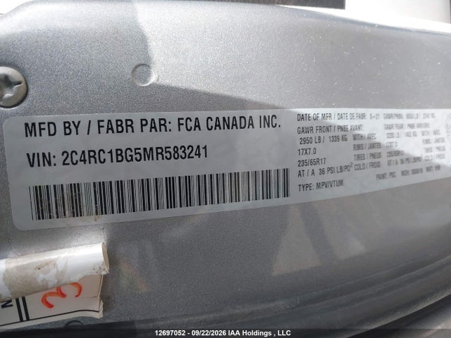 2021 Chrysler Pacifica Touring-l მანქანა იყიდება აუქციონზე, vin: 2C4RC1BG5MR583241, აუქციონის ნომერი: 12697052