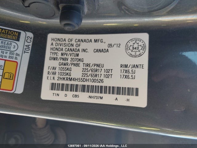 Aukcja sprzedaży 2013 Honda Cr-v, vin: 2HKRM4H55DH100526, numer aukcji: 12697061
