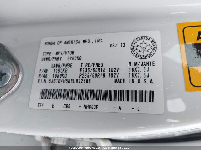 12689290 :رقم المزاد ، 5J8TB4H58EL802589 vin ، 2014 Acura Rdx مزاد بيع
