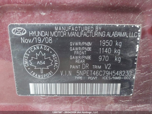 Продаж на аукціоні авто 2009 Hyundai Sonata Gl/gl Premium/gl Sport/limited, vin: 5NPET46C79H548230, номер лоту: 12697067