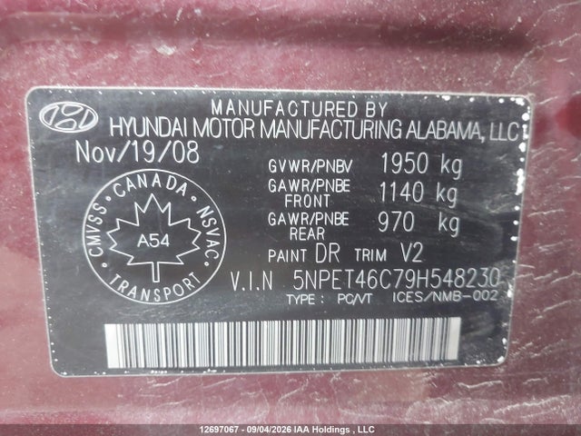 Продаж на аукціоні авто 2009 Hyundai Sonata Gl/gl Premium/gl Sport/limited, vin: 5NPET46C79H548230, номер лоту: 12697067