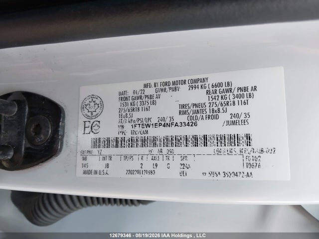 12679346 :رقم المزاد ، 1FTEW1EP4NFA33426 vin ، 2022 Ford F-150 Xl مزاد بيع