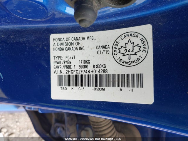 2019 Honda Civic Ex 4dr მანქანა იყიდება აუქციონზე, vin: 2HGFC2F74KH014288, აუქციონის ნომერი: 12697087
