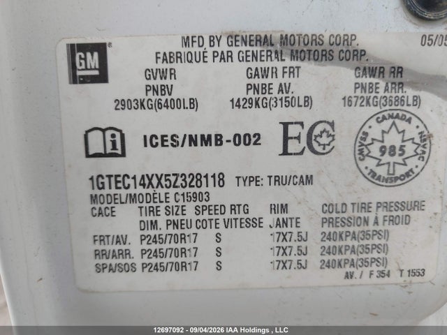 Aukcja sprzedaży 2005 Gmc Sierra 1500, vin: 1GTEC14XX5Z328118, numer aukcji: 12697092
