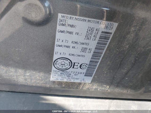 Aukcja sprzedaży 2020 Nissan Rogue S/sl/sv, vin: 5N1AT2MV0LC727103, numer aukcji: 12697094