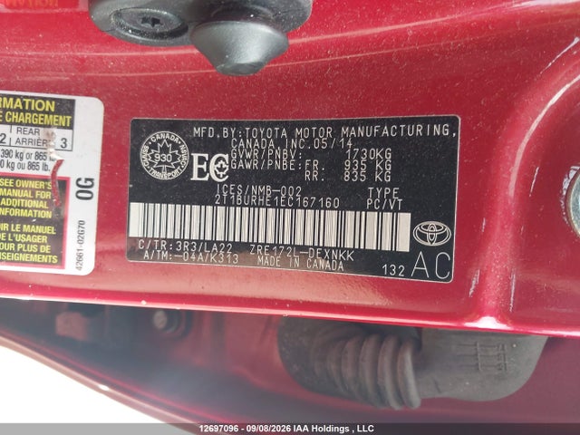 12697096 :رقم المزاد ، 2T1BURHE1EC167160 vin ، 2014 Toyota Corolla L/le/le Pls/prm/s/s Pls مزاد بيع