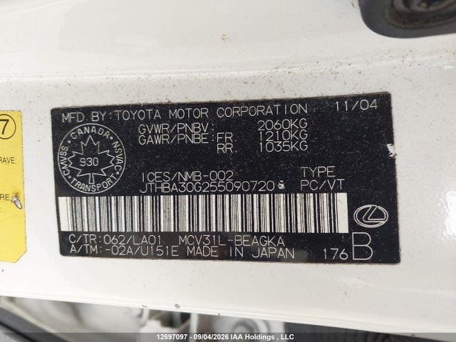 Продаж на аукціоні авто 2005 Lexus Es 330, vin: JTHBA30G255090720, номер лоту: 12697097