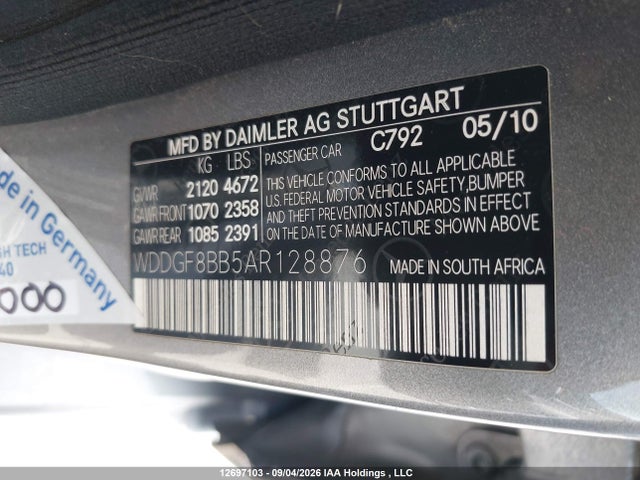 12697103 :رقم المزاد ، WDDGF8BB5AR128876 vin ، 2010 Mercedes-benz C 300 4matic مزاد بيع