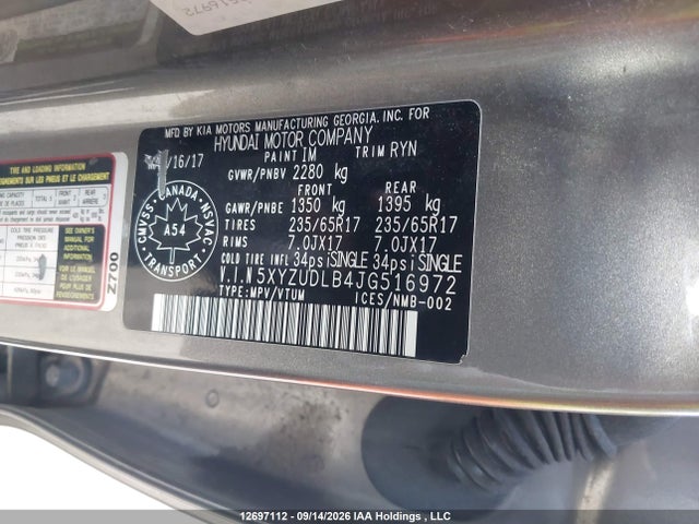 12697112 :رقم المزاد ، 5XYZUDLB4JG516972 vin ، 2018 Hyundai Santa Fe Sport 2.4 Premium مزاد بيع