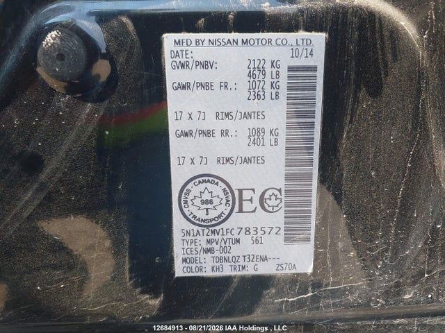12684913 :رقم المزاد ، 5N1AT2MV1FC783572 vin ، 2015 Nissan Rogue S/sl/sv مزاد بيع