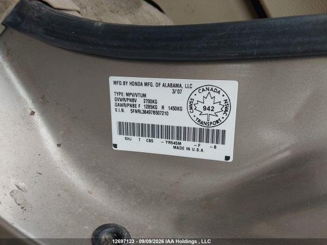 Продаж на аукціоні авто 2007 Honda Odyssey Ex, vin: 5FNRL38497B507210, номер лоту: 12697123