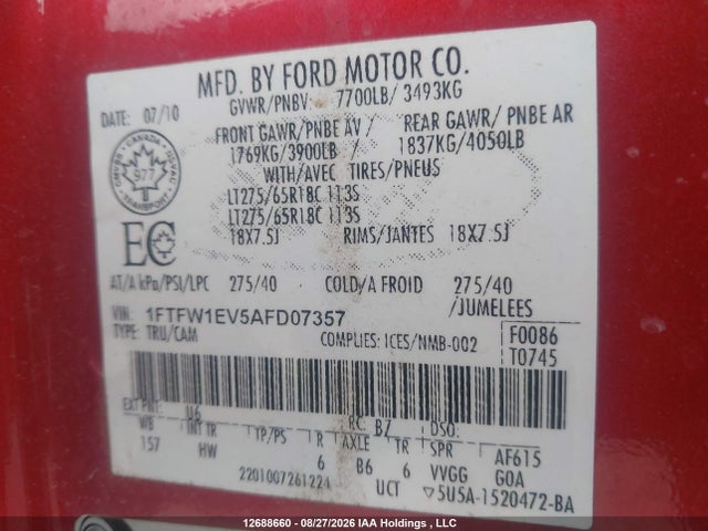 2010 Ford F-150 Fx4/harley-davidson/lariat/xlt მანქანა იყიდება აუქციონზე, vin: 1FTFW1EV5AFD07357, აუქციონის ნომერი: 12688660