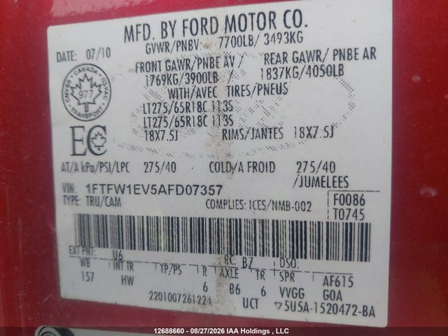 2010 Ford F-150 Fx4/harley-davidson/lariat/xlt მანქანა იყიდება აუქციონზე, vin: 1FTFW1EV5AFD07357, აუქციონის ნომერი: 12688660