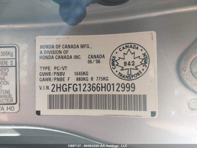 Продаж на аукціоні авто 2006 Honda Civic Dx-g, vin: 2HGFG12366H012999, номер лоту: 12697137