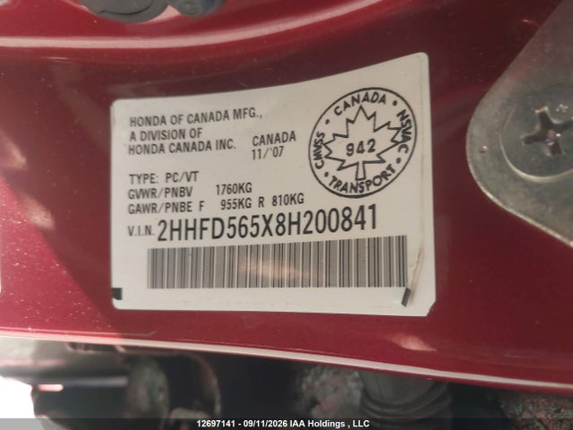 Продажа на аукционе авто 2008 Acura Csx, vin: 2HHFD565X8H200841, номер лота: 12697141