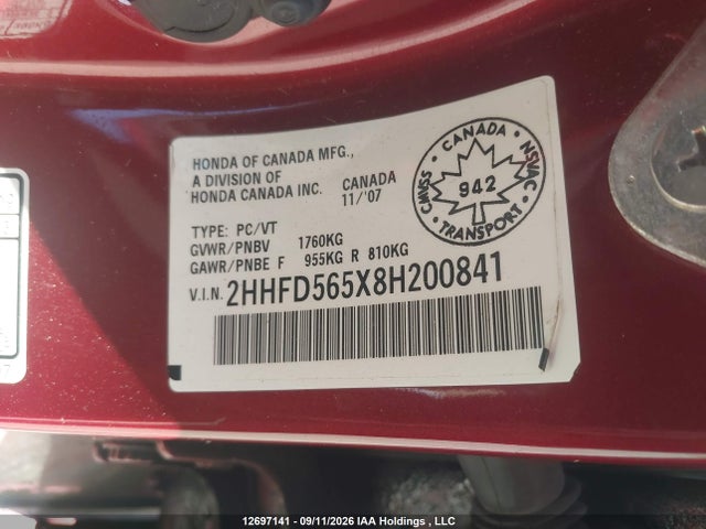 Продажа на аукционе авто 2008 Acura Csx, vin: 2HHFD565X8H200841, номер лота: 12697141
