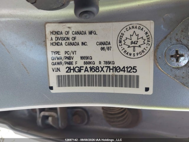 12697142 :رقم المزاد ، 2HGFA168X7H104125 vin ، 2007 Honda Civic Ex 4dr مزاد بيع