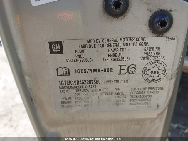 Aukcja sprzedaży 2006 Gmc Sierra 1500 Sl/sle/slt, vin: 1GTEK19B46Z297580, numer aukcji: 12697163