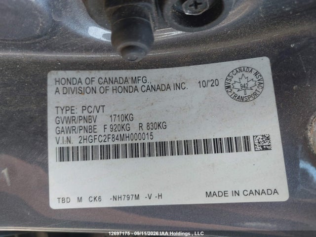 12697175 :رقم المزاد ، 2HGFC2F84MH000015 vin ، 2021 Honda Civic مزاد بيع