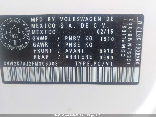 Продаж на аукціоні авто 2015 Volkswagen Jetta 2.0l Trendline/2.0l Trendline+, vin: 3VW2K7AJ2FM306008, номер лоту: 12697199