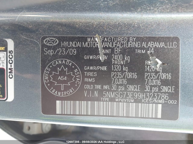 2009 Hyundai Santa Fe მანქანა იყიდება აუქციონზე, vin: 5NMSG73E99H323786, აუქციონის ნომერი: 12697205