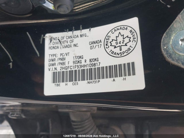 Продажа на аукционе авто 2017 Honda Civic Touring, vin: 2HGFC1F93HH109817, номер лота: 12697219
