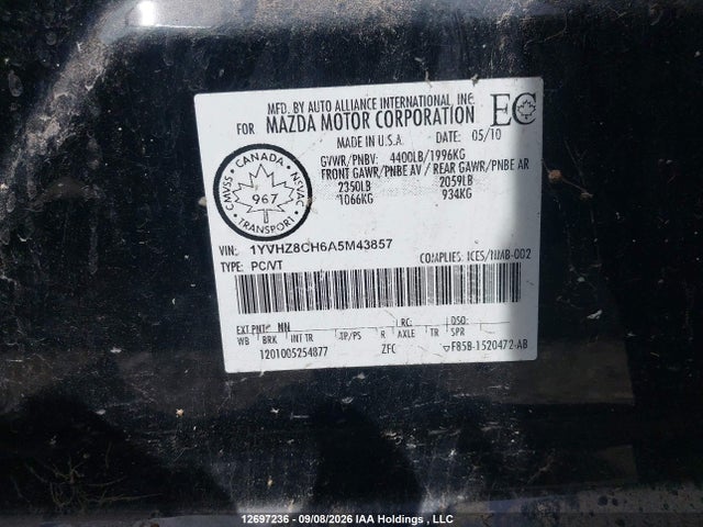12697236 :رقم المزاد ، 1YVHZ8CH6A5M43857 vin ، 2010 Mazda 6 I مزاد بيع