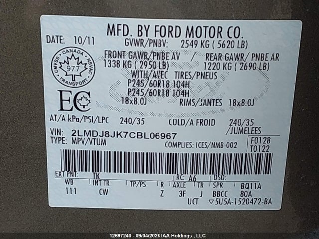 Aukcja sprzedaży 2012 Lincoln Mkx, vin: 2LMDJ8JK7CBL06967, numer aukcji: 12697240