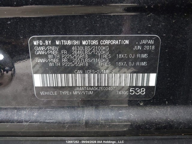 Продаж на аукціоні авто 2019 Mitsubishi Eclipse Cross Le/sp, vin: JA4AT4AA0KZ600407, номер лоту: 12697252