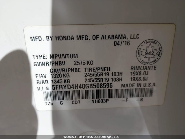 2016 Acura Mdx Navigation Package მანქანა იყიდება აუქციონზე, vin: 5FRYD4H40GB508596, აუქციონის ნომერი: 12697273