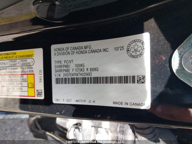 2026 Honda Civic მანქანა იყიდება აუქციონზე, vin: 2HGFE4F84TH005493, აუქციონის ნომერი: 12697275