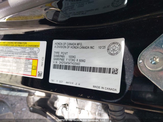 2026 Honda Civic მანქანა იყიდება აუქციონზე, vin: 2HGFE4F84TH005493, აუქციონის ნომერი: 12697275