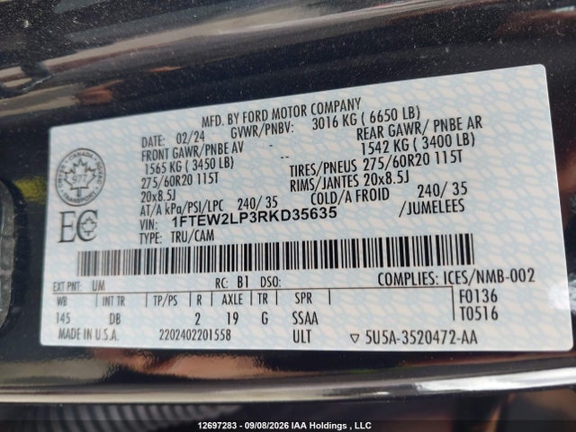 Продажа на аукционе авто 2024 Ford F-150 Stx, vin: 1FTEW2LP3RKD35635, номер лота: 12697283