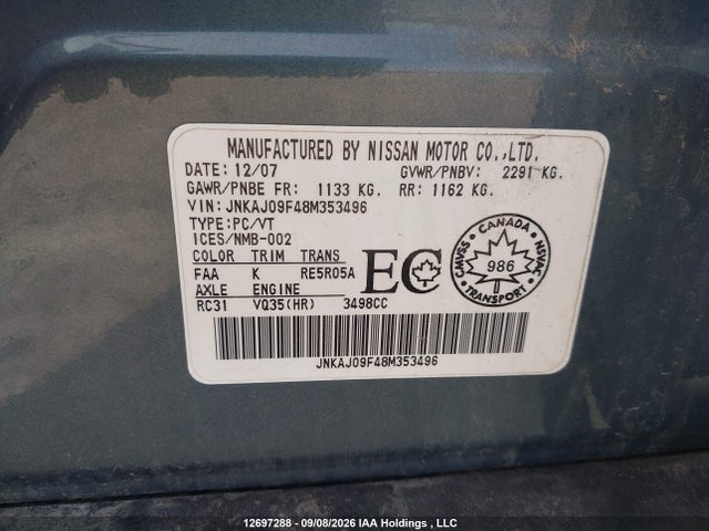 Aukcja sprzedaży 2008 Infiniti Ex35 Journey, vin: JNKAJ09F48M353496, numer aukcji: 12697288