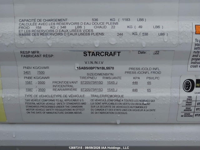 Aukcja sprzedaży 2022 Starcraft , vin: 1SABS0BP7N1BL5570, numer aukcji: 12697315
