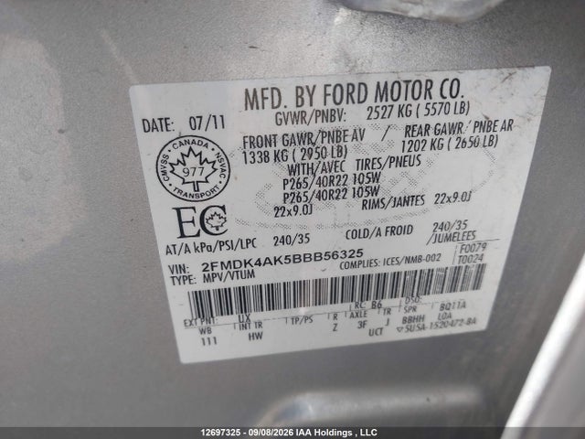 Продажа на аукционе авто 2011 Ford Edge Sport, vin: 2FMDK4AK5BBB56325, номер лота: 12697325