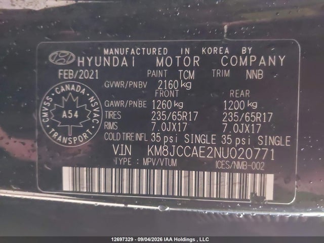 Продажа на аукционе авто 2022 Hyundai Tucson Sel, vin: KM8JCCAE2NU020771, номер лота: 12697329