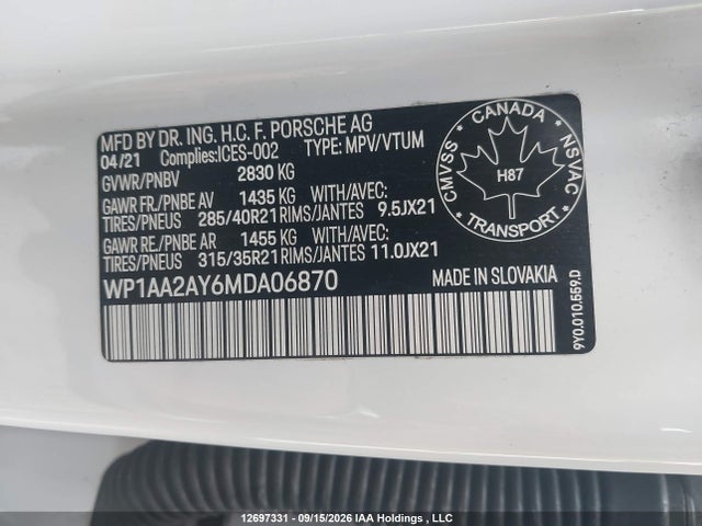 Porsche Cayenne 2021 WP1AA2AY6MDA06870 Image 9