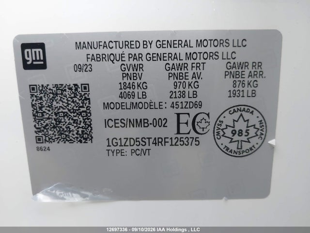 12697336 :رقم المزاد ، 1G1ZD5ST4RF125375 vin ، 2024 Chevrolet Malibu 1lt مزاد بيع