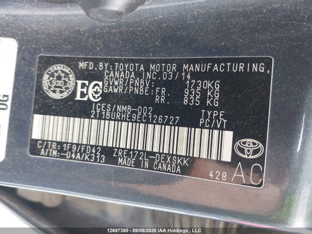 Продажа на аукционе авто 2014 Toyota Corolla L/le/le Pls/prm/s/s Pls, vin: 2T1BURHE9EC126727, номер лота: 12697380
