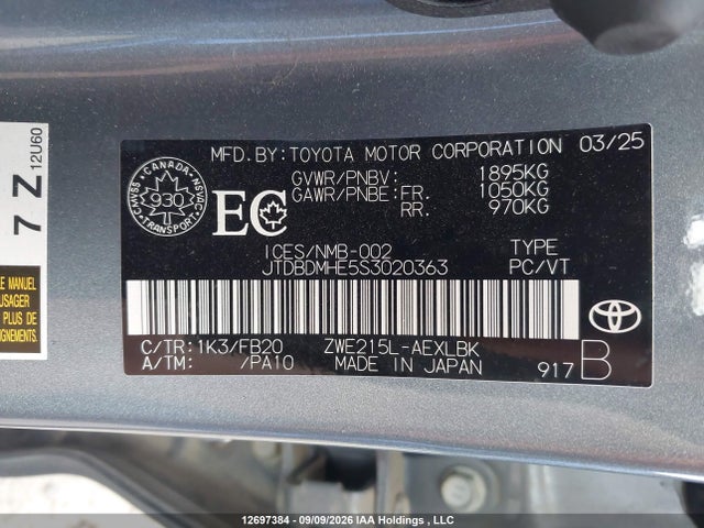 Продаж на аукціоні авто 2025 Toyota Corolla Hybrid Le, vin: JTDBDMHE5S3020363, номер лоту: 12697384