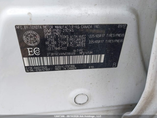 2017 Toyota Rav4 Le მანქანა იყიდება აუქციონზე, vin: 2T3BFREVXHW598489, აუქციონის ნომერი: 12697386