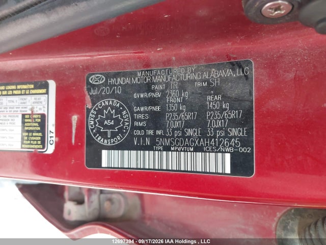 Aukcja sprzedaży 2010 Hyundai Santa Fe Gl 3.5, vin: 5NMSGDAGXAH412645, numer aukcji: 12697394