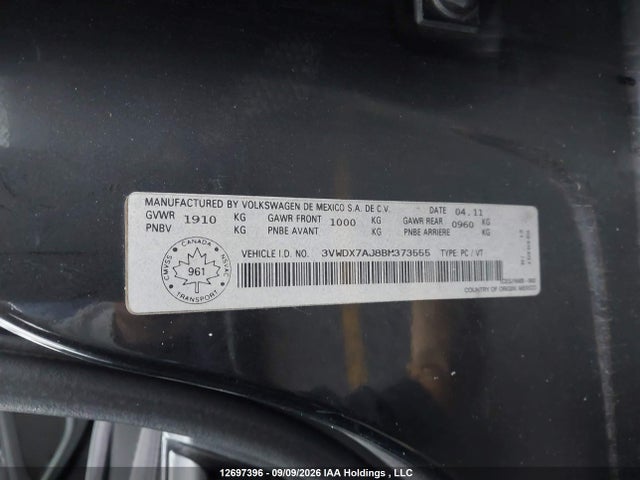 2011 Volkswagen Jetta 2.5l Comfortline/2.5l Sportline მანქანა იყიდება აუქციონზე, vin: 3VWDX7AJ8BM373555, აუქციონის ნომერი: 12697396