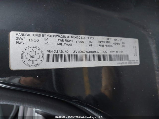2011 Volkswagen Jetta 2.5l Comfortline/2.5l Sportline მანქანა იყიდება აუქციონზე, vin: 3VWDX7AJ8BM373555, აუქციონის ნომერი: 12697396